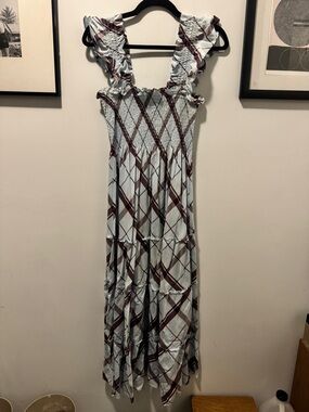 Hill House Home Smocked Plaid Maxi Dress w Ruffle Straps - Light Blue & Maroon